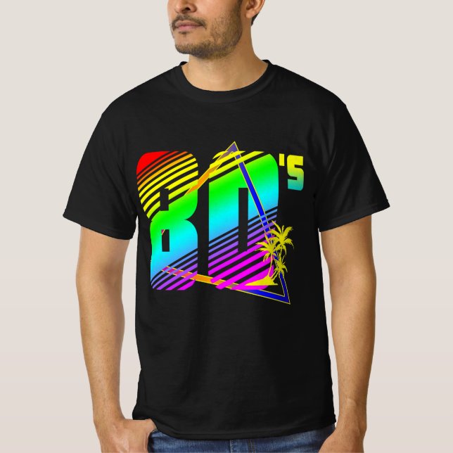Colorful 80's sunset handflatan träd t shirt (Framsida)