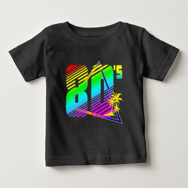 Colorful 80's sunset handflatan träd t shirt (Framsida)