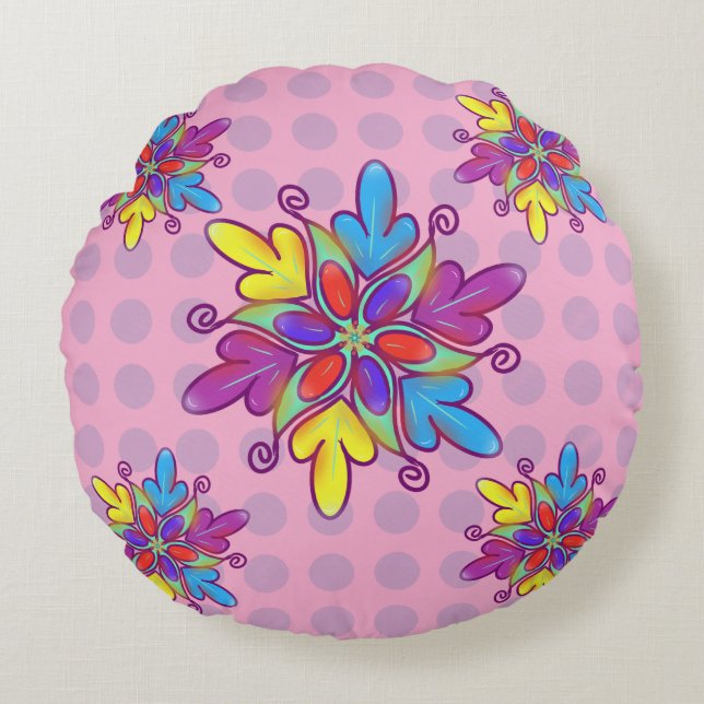 Colorful Abstract Kaleidoscope Flower Pattern Rund Kudde (Framsidan)