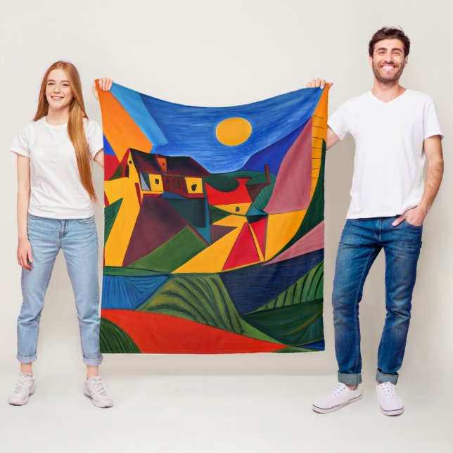 Colorful abstract village landscape house warming  fleecefilt (På plats)