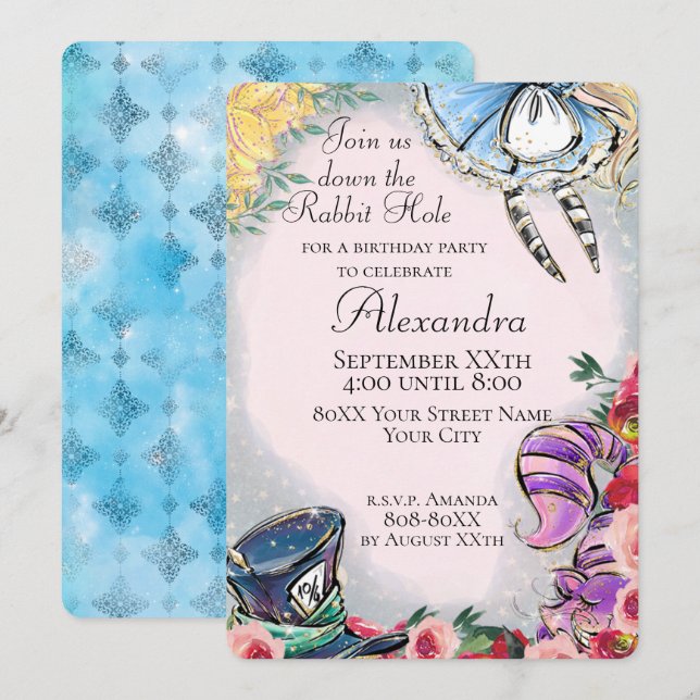 Colorful Alice i Wonderland Fairy Tale Theme Inbjudningar (Fram/baksida)