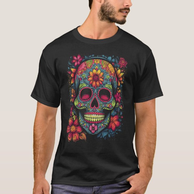 Colorful and Beautiful Sugar Skull T Shirt (Framsida)