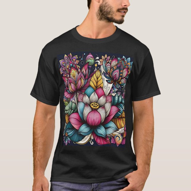 Colorful and Detailed Lotus Flowers T Shirt (Framsida)