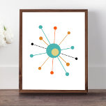 Colorful Atomic Starburst Mid Century Modern Poster<br><div class="desc">Denna färgstarka moderna poster i mitten av århundradet har en atomstarst i tårblått,  två nyanser av orange,  grå gult och svart. Så roligt!</div>