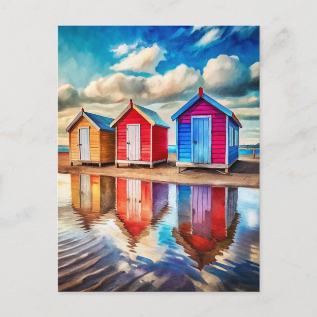Colorful Beach Huts Ocean Reflection Coastal  Vykort (Framsida)