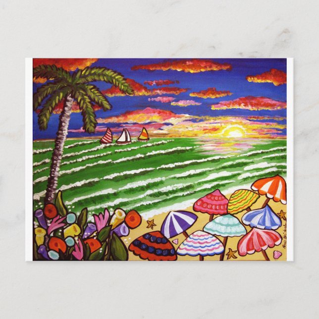 Colorful Beach Sunset Folk Art Vykort (Framsida)