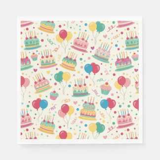 Colorful Birthday Cakes and Balloons Paper Napkins Pappersservett