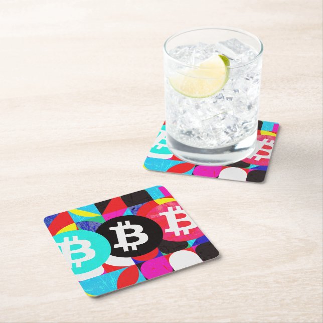 Colorful Bitcoin Mönster Underlägg Papper Kvadrat (Insitu)