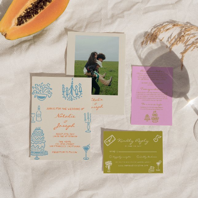 Colorful Blue Orang Hand Drawn Whimsical Wedding Inbjudningar (Skapare uppladdad)