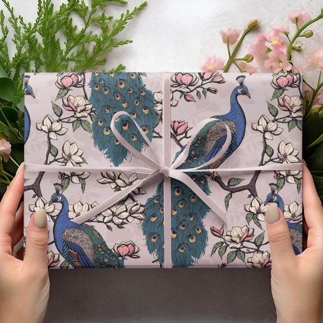 Colorful Blue Peacock & Magnolia Pink Wildlife Presentpapper (Elegant Floral Blue Peacock Birds, Magnolia Branches in Bloom, Blush Pink Background. Hand Drawn.)