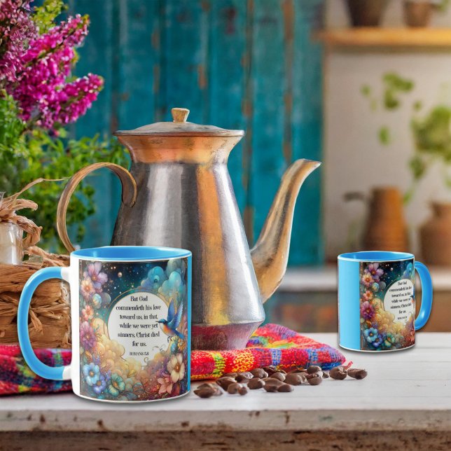 Colorful Bluebird Flowers Romans Bible Verse KJV Mugg (Skapare uppladdad)