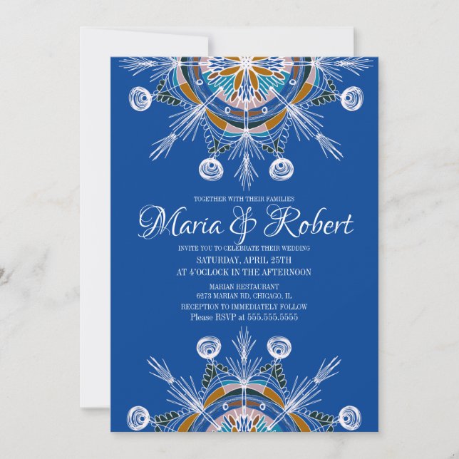 Colorful Bohemian Mandala Blue Boho Bröllop Inbjudningar (Framsida)