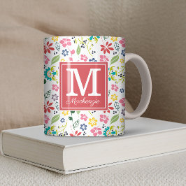 Colorful Bohemian Vår blommor Coral Monogram Kaffemugg