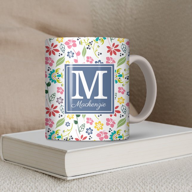 Colorful Bohemian Vår blommor Monogram Kaffemugg (Colorful Bohemian Spring Flowers Monogram Coffee Mug)
