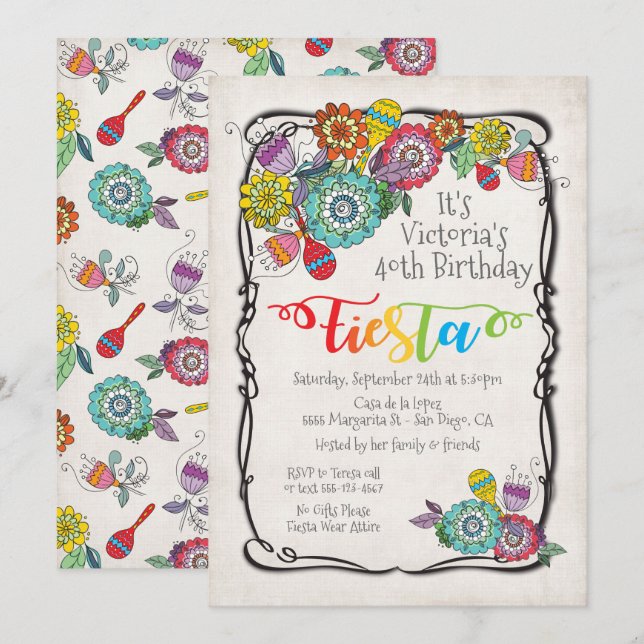 Colorful Boho Blommigt Mexican Fiesta Birthday Inbjudningar (Fram/baksida)