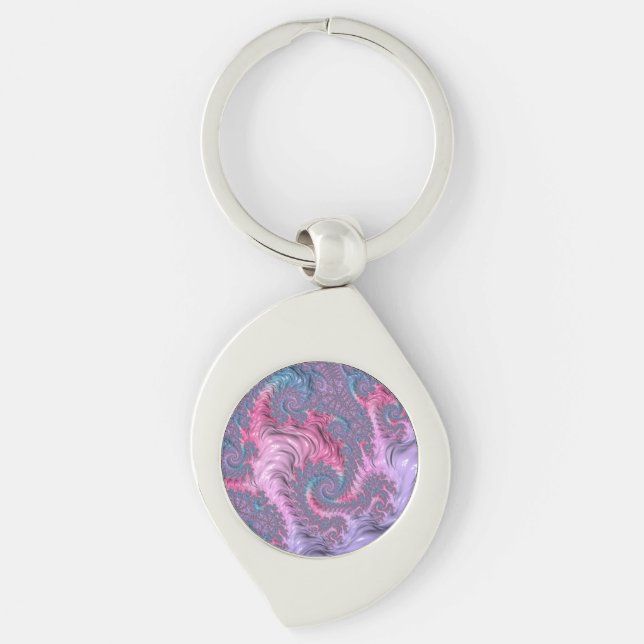 Colorful Boho Hippie Groovy Trippy Pastel Fractal Swirl Silverfärgad Nyckelring (Framsidan)