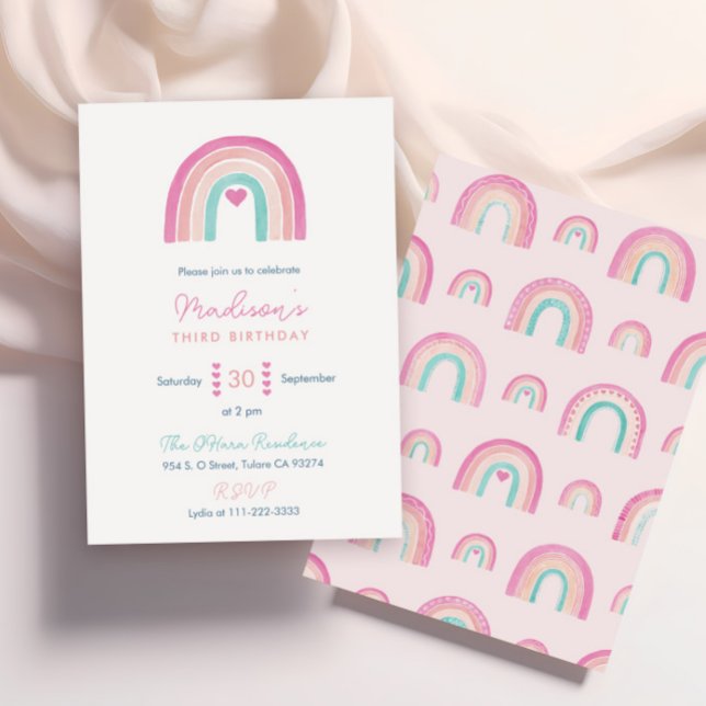 Colorful Boho Rainbow Hearts Girl Födelsedagsfest Inbjudningar (Boho Rainbows in Magenta and teal combine with hearts for this trendy girl birthday party invitation)