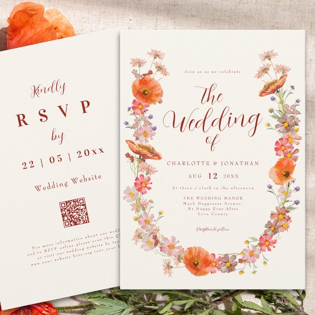 Colorful Boho Wildblomblomma bröllop Wedding Inbjudningar (Elegant Boho wildflower wedding qr code invitation )