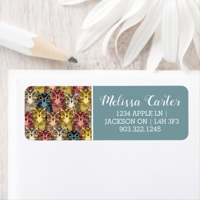 Colorful Boho Woodland Uggla Mönster Returadress Etikett (Insitu)