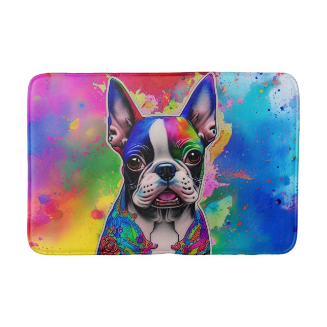 Colorful Boston Terrier Paint Stänk Badrumsmatta (Framsidan)