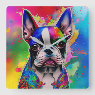 Colorful Boston Terrier Paint Stänk Fyrkantig Klocka