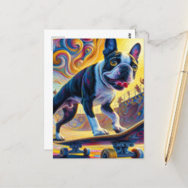 Colorful Boston Terrier Skateboarding Vykort