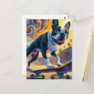 Colorful Boston Terrier Skateboarding Vykort