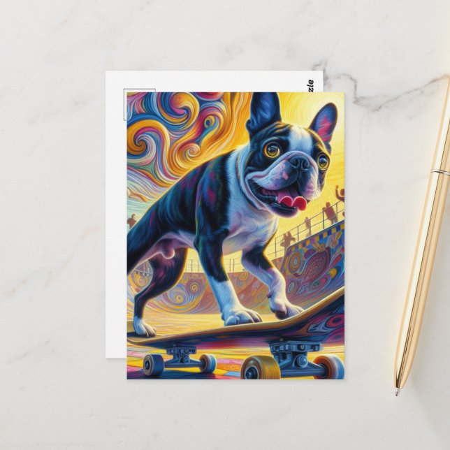 Colorful Boston Terrier Skateboarding Vykort (Fram/Back In Situ)