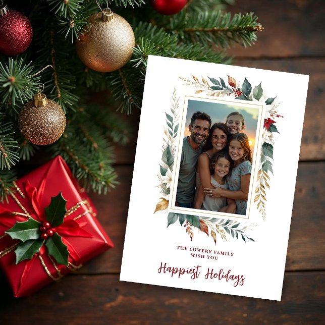 Colorful Botanical Christmas Frame Photo Family Julkort (Elegant Colorful Botanical Christmas Frame Photo Family Holiday Cards.)