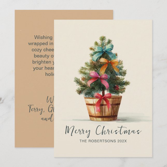 Colorful Bows Rustic Christmas Tree  Julkort (Fram/baksida)