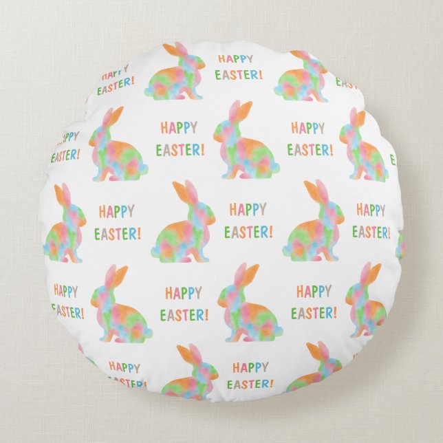 Colorful Bunnies Pattern With Happy Easter Text Rund Kudde (Framsidan)