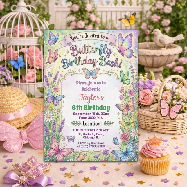 Colorful Butterflies 6th Birthday Bash Invitation Inbjudningar (Skapare uppladdad)
