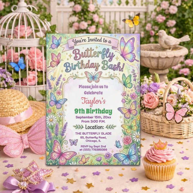 Colorful Butterflies 9th Birthday Bash Invitation Inbjudningar (Skapare uppladdad)