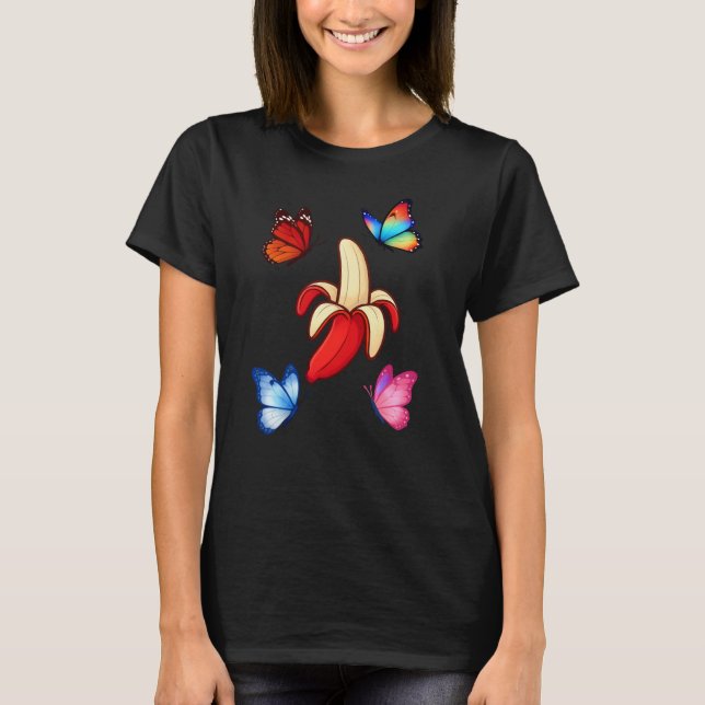 Colorful Butterflies and Banana Illustration T Shirt (Framsida)