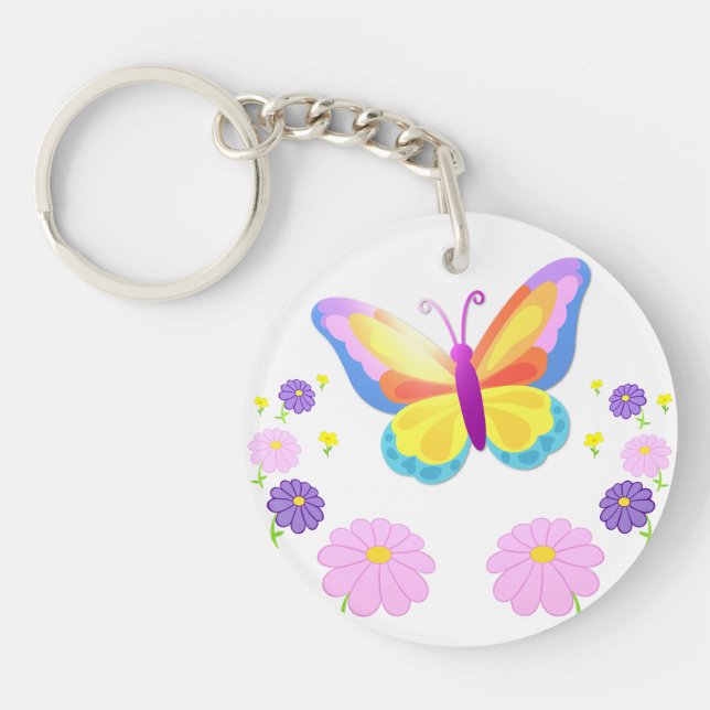 Colorful Butterfly and Flowers Round Keychain (Framsidan)