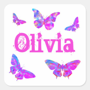 Colorful Butterfly Art Rosa Add Namn Olivia Fyrkantigt Klistermärke
