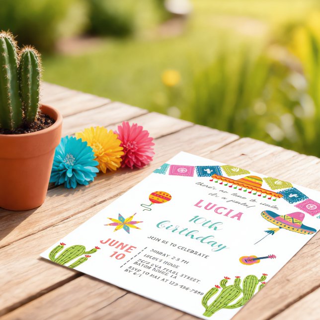 Colorful Cactus Mexican Fiesta Photo Birthday Inbjudningar (Skapare uppladdad)