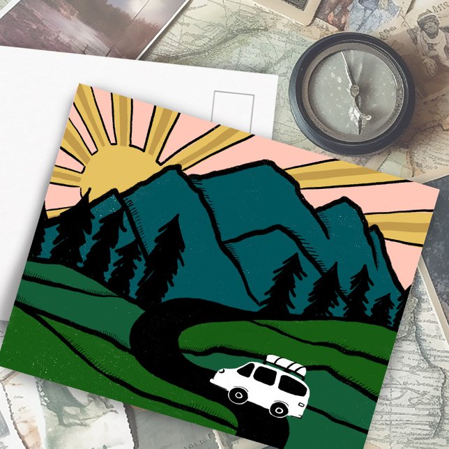 Colorful Campervan Mountains Vanlife RV Sunrise Vykort (Colorful Campervan Mountains Vanlife RV Sunrise Postcard
)