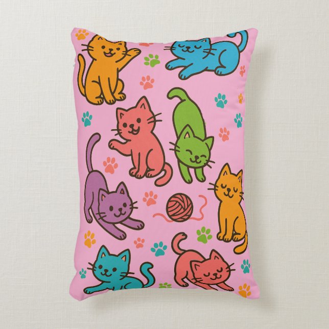 Colorful Cartoon Cat Pattern Throw Pillow – Pink  Prydnadskudde (Framsidan(Vertikal))