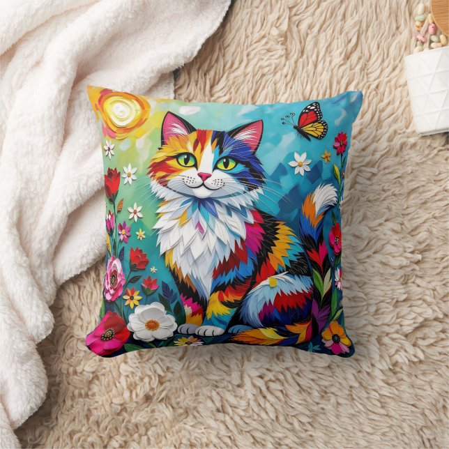 Colorful Cat and Butterfly Kudde (Filt)