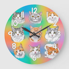 Colorful Cat Faces Wall Clock Fun Pet Decor Stor Klocka