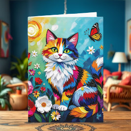 Colorful Cat, Flowers & Butterfly Birthday Kort