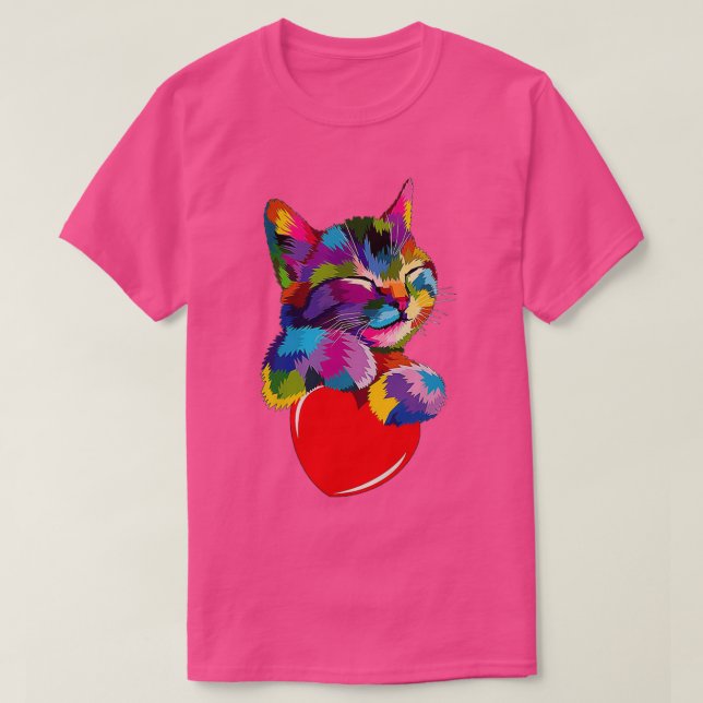 Colorful Cat Hugging Heart  T Shirt (Design framsida)