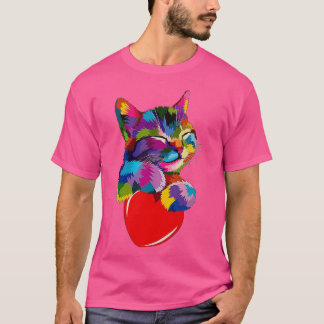 Colorful Cat Hugging Heart T Shirt