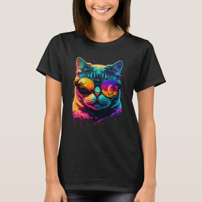 Colorful cat wearing glasses graphic t shirt (Framsida)