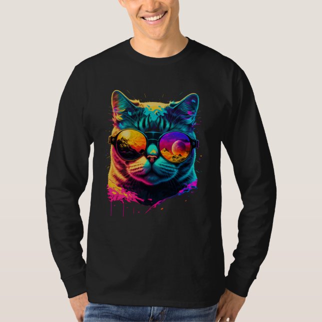 Colorful cat wearing glasses graphic t shirt (Framsida)