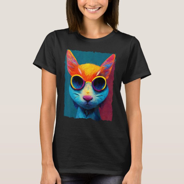 Colorful Cat With Glasses T Shirt (Framsida)