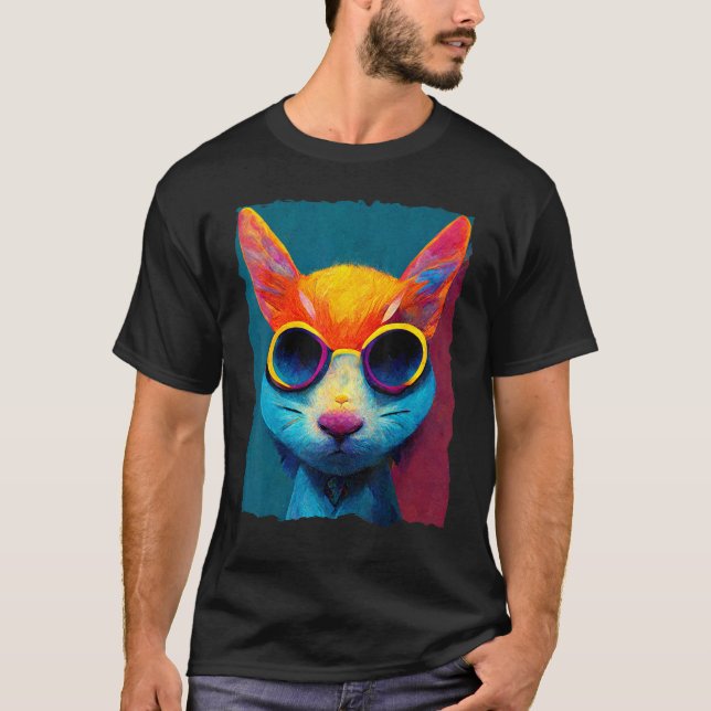 Colorful Cat With Glasses T Shirt (Framsida)