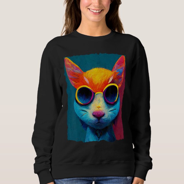 Colorful Cat With Glasses T Shirt (Framsida)