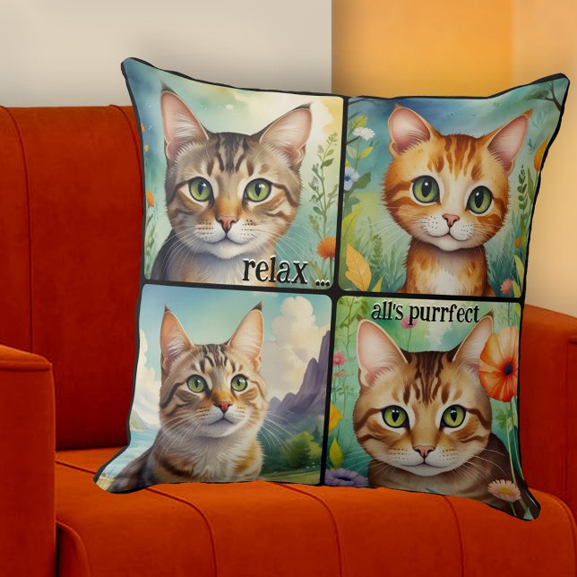 Colorful Cats Fun Artistic  Kudde (Pillow featuring 4 colorful paintings of beautiful cats. A cheerful addition to any space)